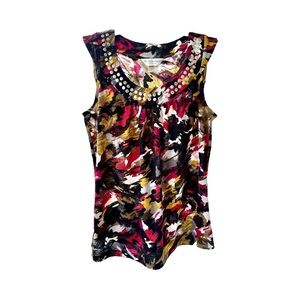 CHRISTOPHER BANKS, MULTI-COLOR PRINT TOP. ROUND SHIRRED NECK. SIZE P/S